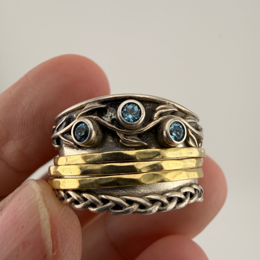 Paz Israel Women Spinner Ring Size 10.25 Silver Gold Blue Topaz Mixed Metal Band